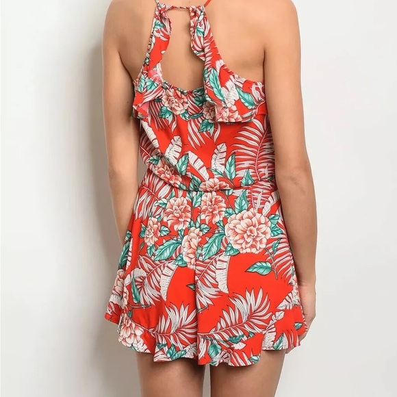 ZENOBIA Red Floral Romper Women’s Tropical Ruffle Romper Size 2XL - Picture 2 of 3